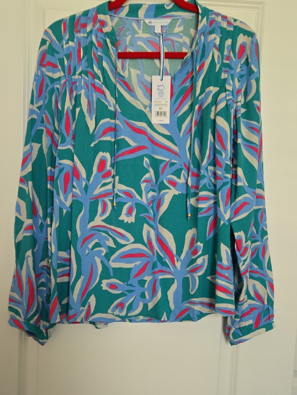 Southern Tide Teal Botanical V-Neck Blouse with Tie - Brand: Unknown